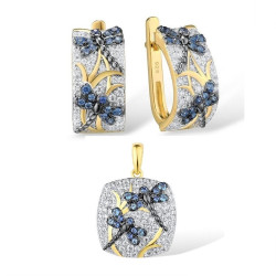 Blue Dragonfly Gold plated Sterling Silver Pendant Earrings set