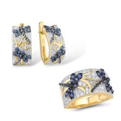 Blue Dragonfly Gold plated Sterling Silver Ring Earring Set