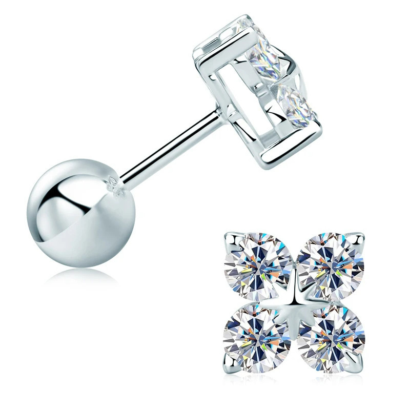 925 Sterling Silver Clover Moissanite Diamond Screw back Earrings