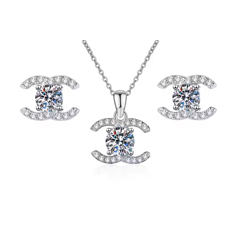 C shape Moissanite Diamond Gold plated Stud earring Pendant necklace