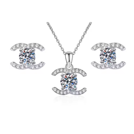 C shape Moissanite Diamond Gold plated Stud earring Pendant necklace