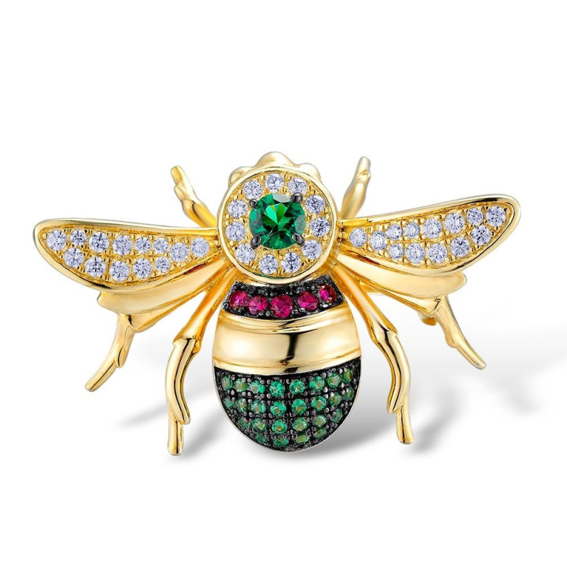 Created Ruby Emerald stone Bee S925 silver brooch