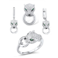 Sterling Silver Green Eyes Ring Earrings Pendant Leopard Set