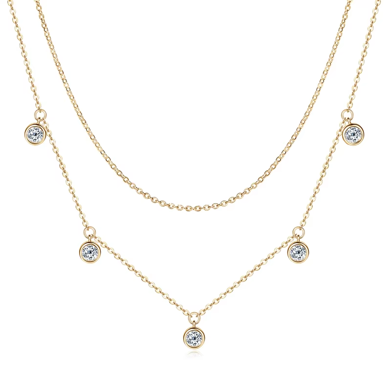 4mm 1.5cttw Round VVS1 Moissanite Diamond Layered Necklace Silver Chain