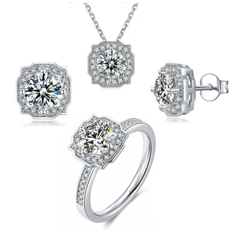 Цагаан алтаар бүрсэн Дөрвөлжин D өнгөт моиссанит алмаз мөнгөн хослол