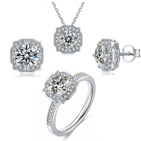 Цагаан алтаар бүрсэн Дөрвөлжин D өнгөт моиссанит алмаз мөнгөн хослол