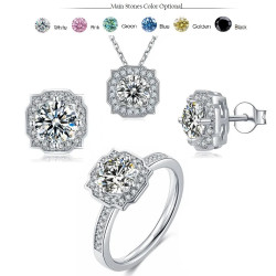 Цагаан алтаар бүрсэн Дөрвөлжин D өнгөт моиссанит алмаз мөнгөн хослол