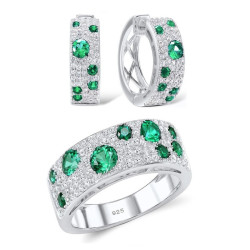 100% 925 Sterling Silver Shimmering Green Earrings Ring Set