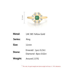 14K 585 Yellow Gold Sparkling Emerald Luxury Diamond Ring