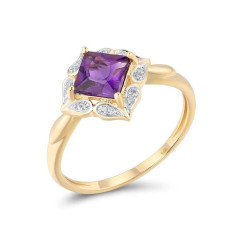 Genuine 14K Yellow Gold Ring Sparking Diamond Amethyst