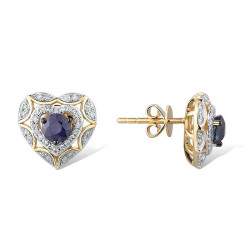 Natural Blue Sapphire Diamond 14K 585 Yellow Gold Earrings