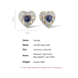 Natural Blue Sapphire Diamond 14K 585 Yellow Gold Earrings