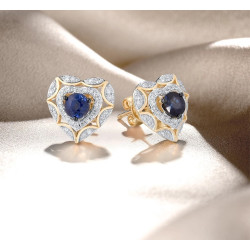 Natural Blue Sapphire Diamond 14K 585 Yellow Gold Earrings