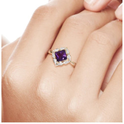 Genuine 14K Yellow Gold Ring Sparking Diamond Amethyst