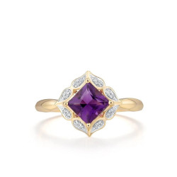 Genuine 14K Yellow Gold Ring Sparking Diamond Amethyst
