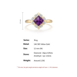 Genuine 14K Yellow Gold Ring Sparking Diamond Amethyst