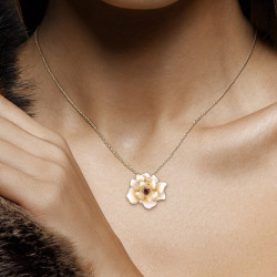 White enamel flower Garnet Gold plated Sterling sivler jewelry set