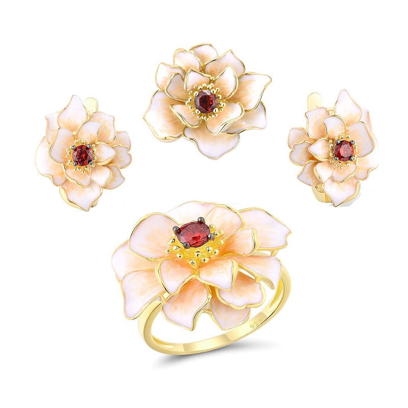 White enamel flower Garnet Gold plated Sterling sivler jewelry set
