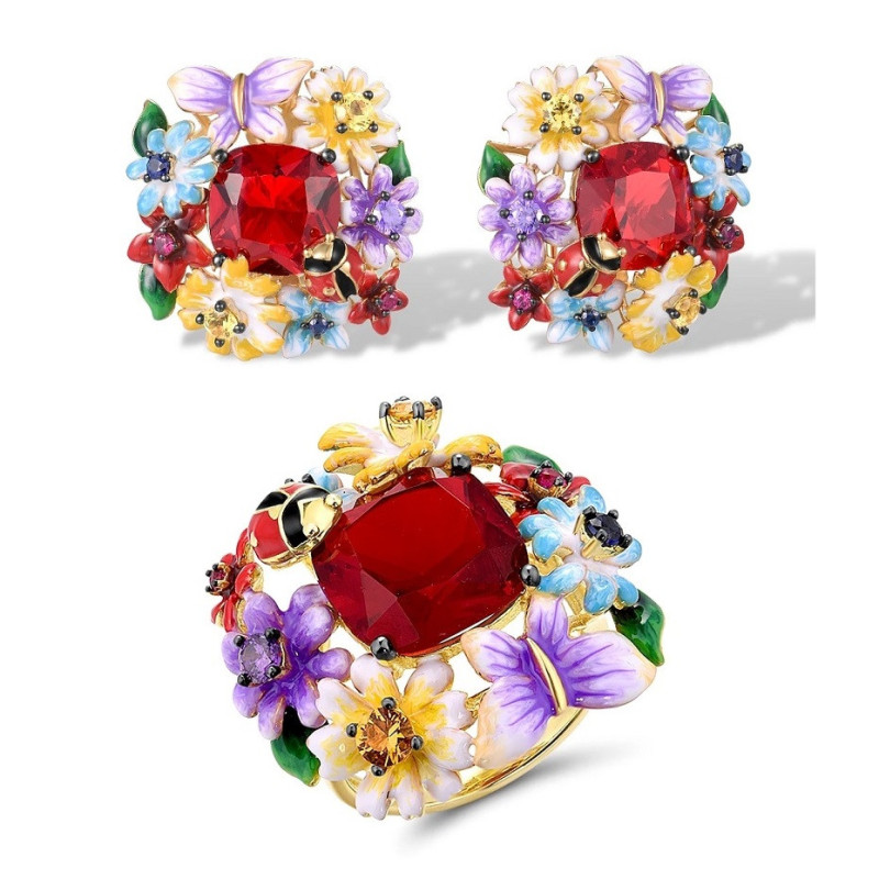 Red gemstone multucilor Gold plated Sterling Silver jewelry set