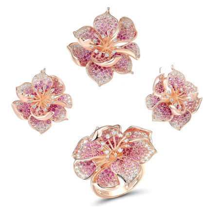 Red Pink Stones White zircon Flower S925 Sterling Silver Jewelry set