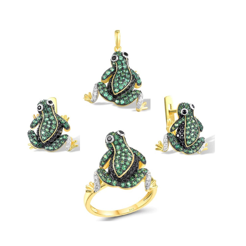 100% 925 Sterling Silver Shimmering Green Spinel Cute Frog set