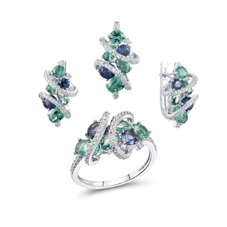 Sparkling Green Spinel Earrings Ring Pendant Set S925 Solid silver