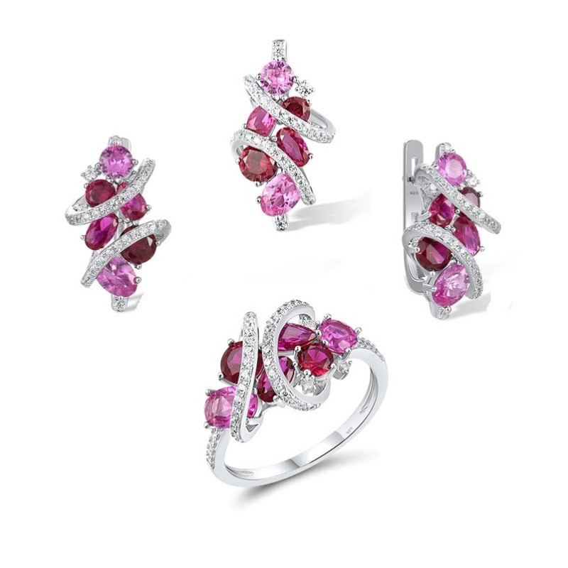 Created Ruby, Pink Sapphire  18K Gold plated Silver set