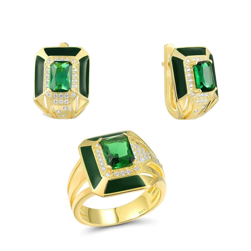 Green emerals black enamel  S925 Sterling Silver Gold plated Jewelry set