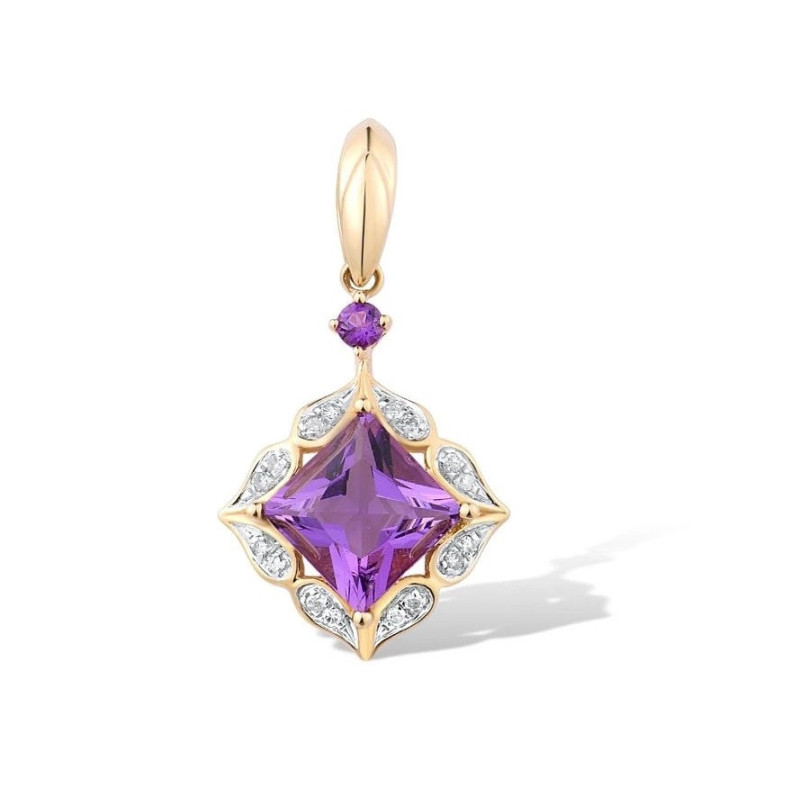 Genuine 14K Yellow Gold Pendant Sparking Diamond Amethyst