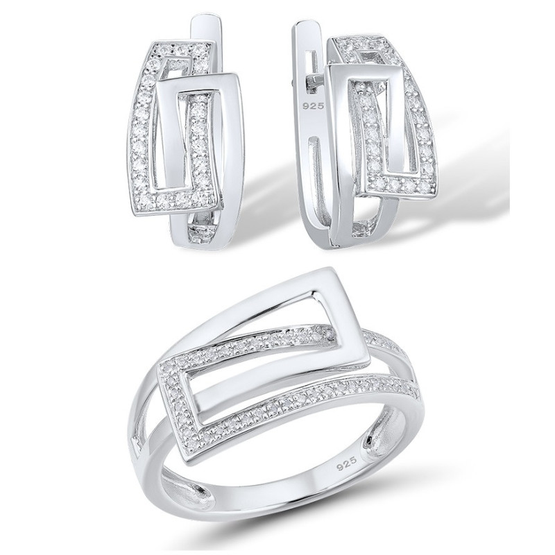 цагаан Гялалзсан циркон Алтаар бүрсэн мөнгөн  ээмэг бөгж