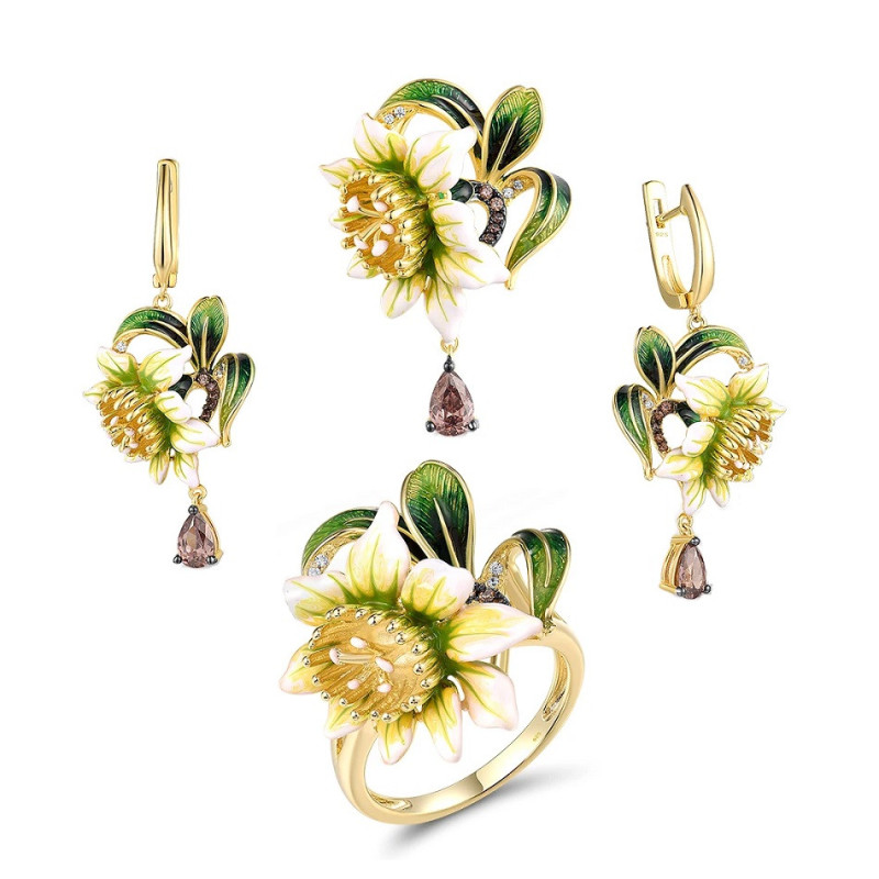 Enamel Flowers Yellow gold plated S925 Sterling Silver Jewelry set