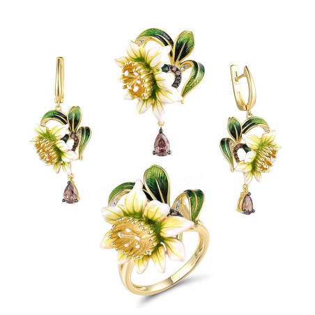 Enamel Flowers Yellow gold plated S925 Sterling Silver Jewelry set