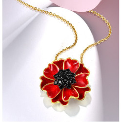 Red enamel flower black spinel Gold plated Sterling sivler jewelry set