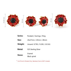 Red enamel flower black spinel Gold plated Sterling sivler jewelry set