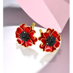 Red enamel flower black spinel Gold plated Sterling sivler jewelry set