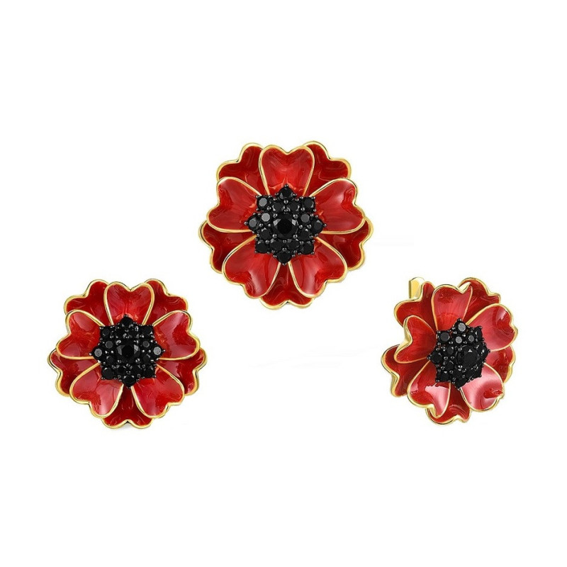 Red enamel flower black spinel Gold plated Sterling sivler jewelry set