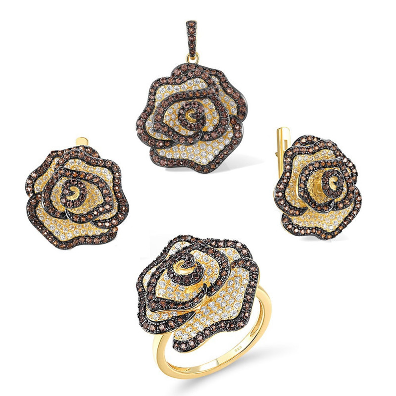 Nano brown spinel  Yellow Gold plated Flower  Set