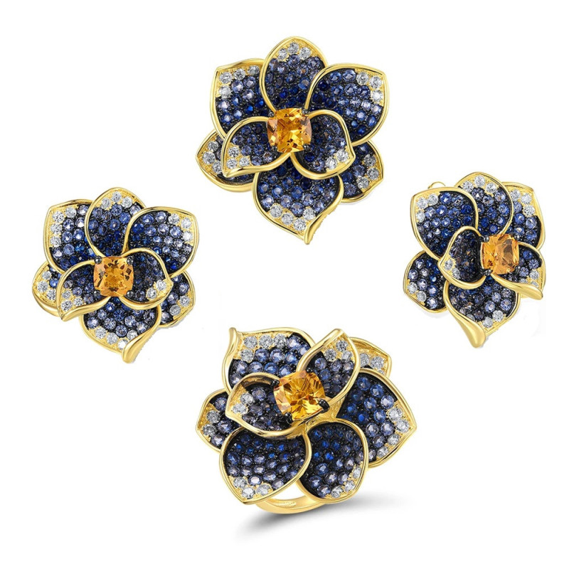 Blue Spinel Yellow Crystal Flower S925 Sterling Silver Jewelry set