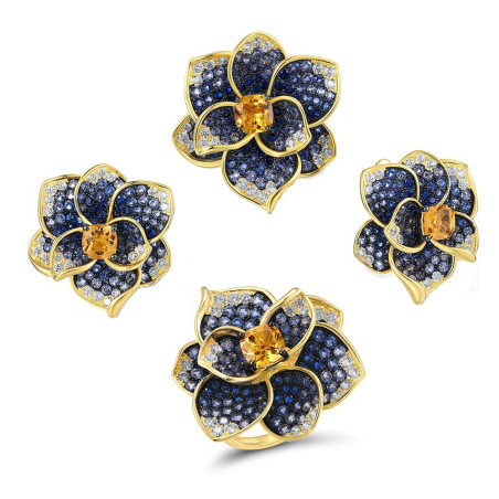 Blue Spinel Yellow Crystal Flower S925 Sterling Silver Jewelry set