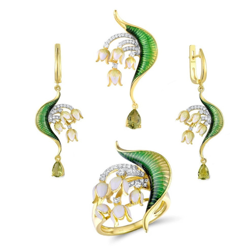 Green Enamel Flowers Yellow gold plated S925 Sterling Silver set