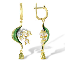 Green Enamel Flowers Yellow gold plated S925 Sterling Silver set