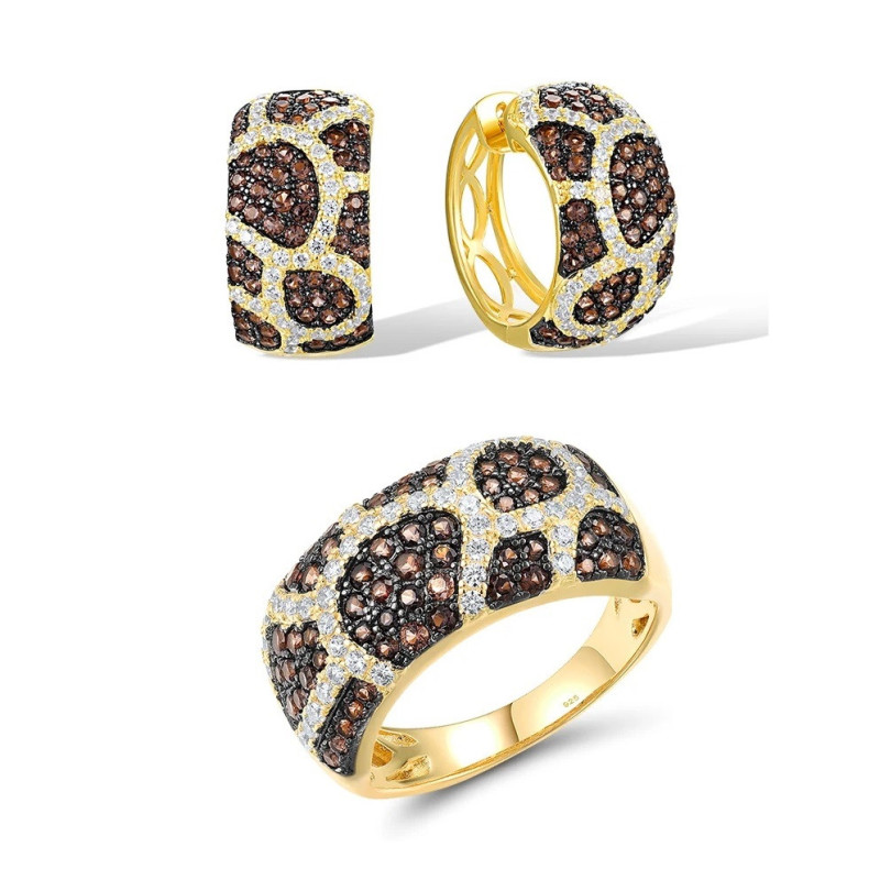 Yellow Gold plated Nano brown spinel Flower  Set