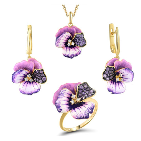 Amethyst  purple Enemal Flower S925 Sterling Silver Set