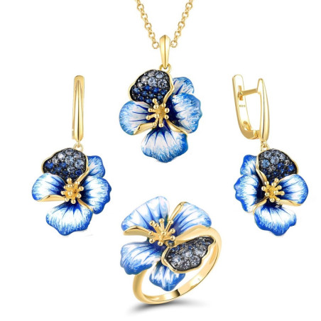 Blue  Zircon blue Enemal Flower S925 Sterling Silver Set
