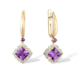 Genuine 14K Yellow Gold  Sparking Diamond Amethyst Earring's