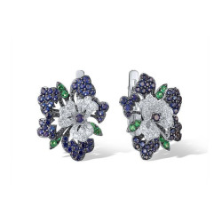 Created Sapphire  Flower S925 Sterling Silver Jewelry set