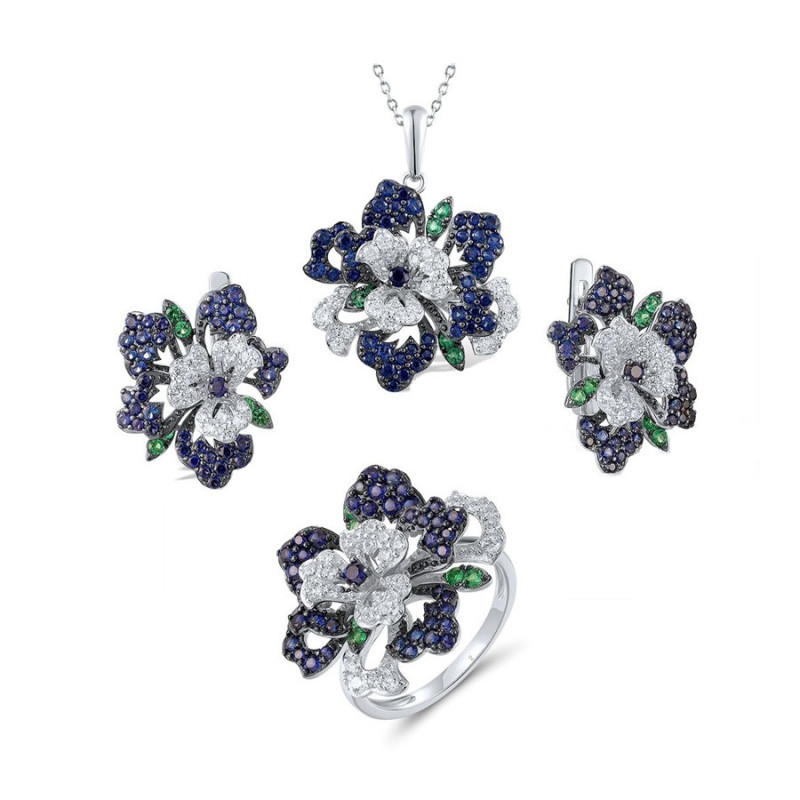Created Sapphire  Flower S925 Sterling Silver Jewelry set