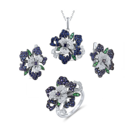 Created Sapphire  Flower S925 Sterling Silver Jewelry set
