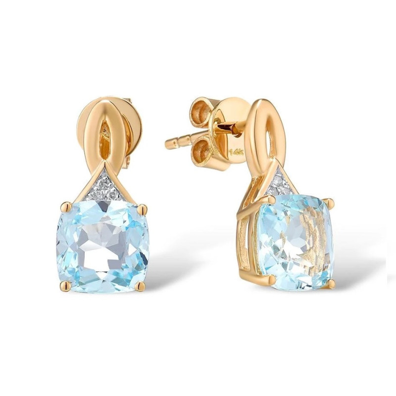 14K 585 Yellow Gold Natural Diamond Sky Blue Topaz Earrings