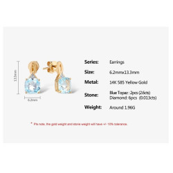 14K 585 Yellow Gold Natural Diamond Sky Blue Topaz Earrings
